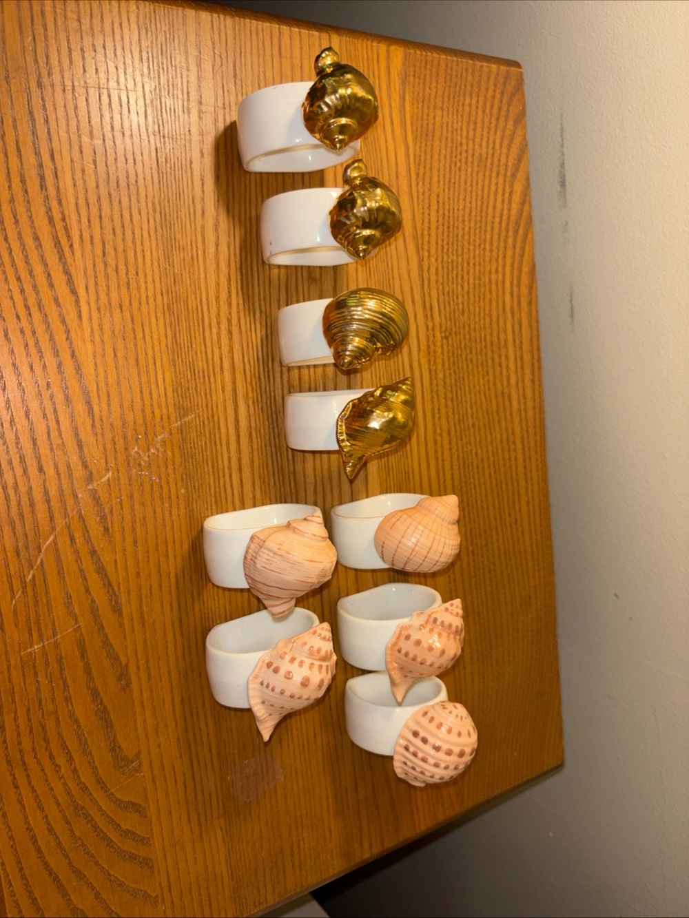 Coastal Shell Napkin Rings Set - White with Gold & Peach Shells bone china